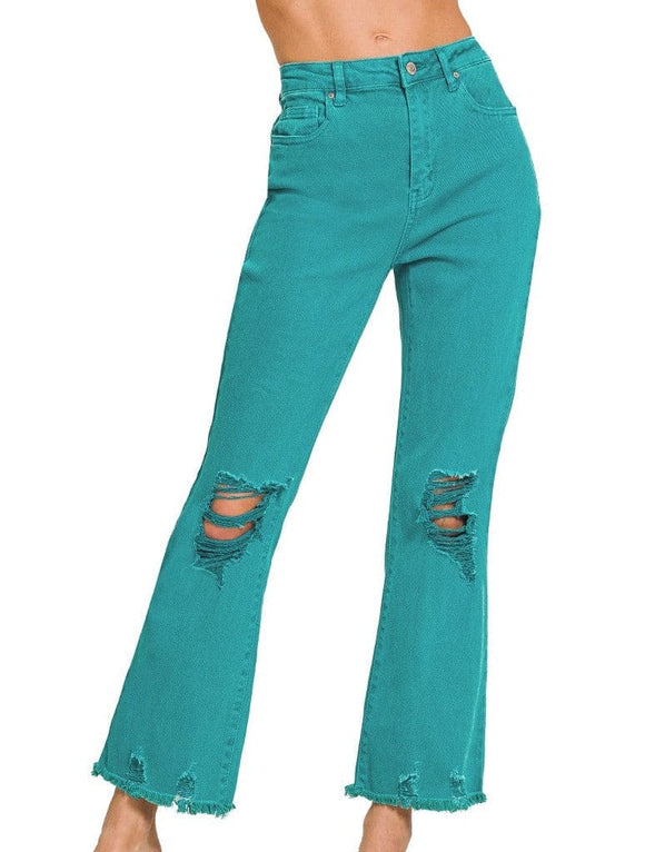 Rissa Acid Wash High Waist Pants-Teal Bottoms BlueSkyeBoutique   BlueSkyeBoutique