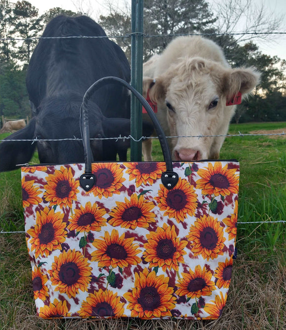 Sunflower/Cowprint Tote LG BlueSkyeBoutique