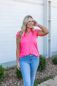 The Nicole V-Neck Top-Neon Pink