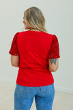 Festive Forest on Red T-Shirt with Sequin Velvet Sleeves Blouse BlueSkyeBoutique   BlueSkyeBoutique