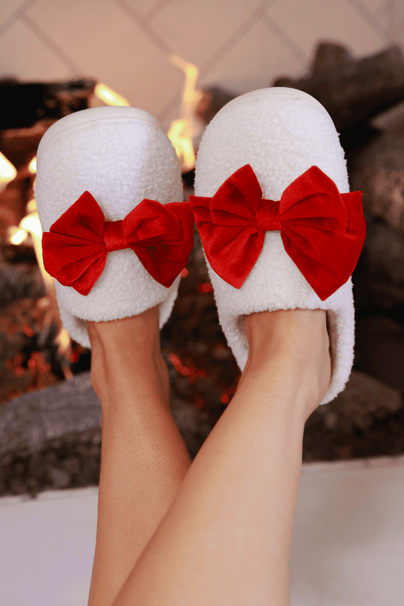 Cozy Bow Slippers- White/Red Gift BlueSkyeBoutique   BlueSkyeBoutique