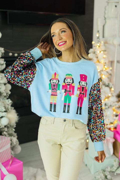 Nutcrackers on Blue Sweatshirt with Sequin Sleeves Shirts & Tops BlueSkyeBoutique   BlueSkyeBoutique