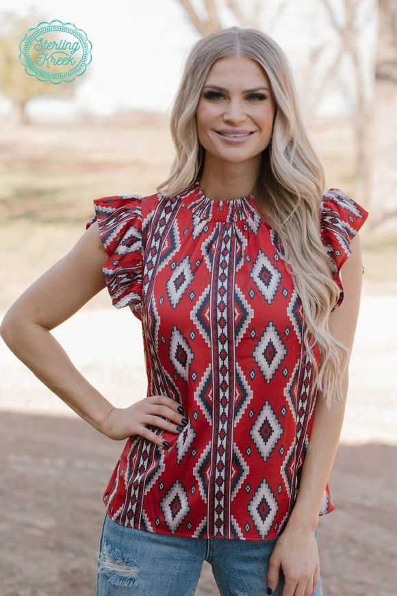 BABYDOLL TOP RED AZTEC Blouse BlueSkyeBoutique   BlueSkyeBoutique