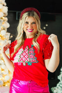 Festive Forest on Red T-Shirt with Sequin Velvet Sleeves Blouse BlueSkyeBoutique   BlueSkyeBoutique