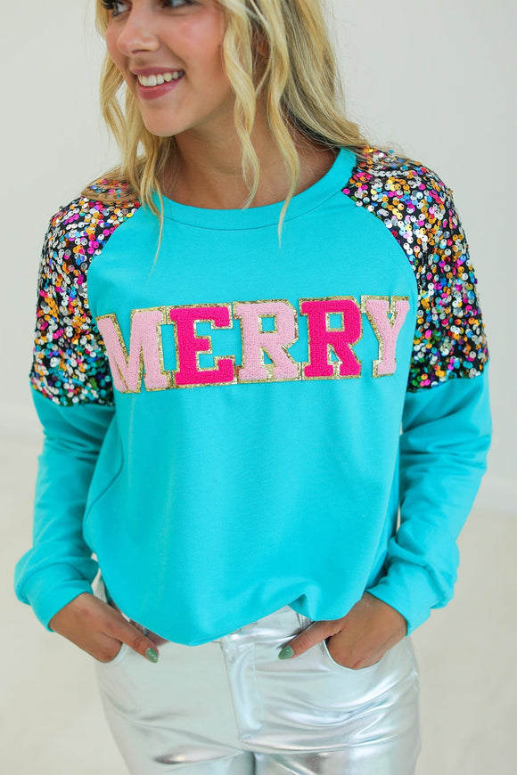 MERRY Turquoise Sweatshirt Blouse BlueSkyeBoutique   BlueSkyeBoutique